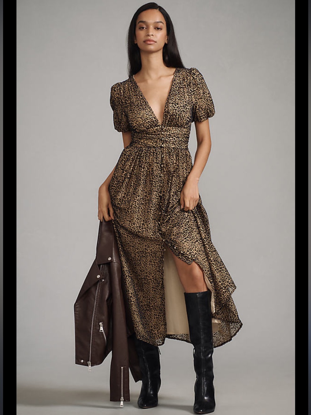 Anthropologie Velvet Button Front Maxi Dress Leopard Katerina Print Women Size 6